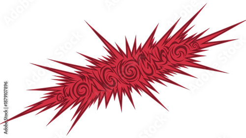 Vibrant red abstract illustration with swirling patterns and sharp points, symbolizing energy and dynamism, viewed from a straightforward angle.