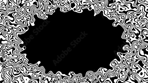 Intricate black and white ornate frame surrounds a dark central void from a direct viewpoint