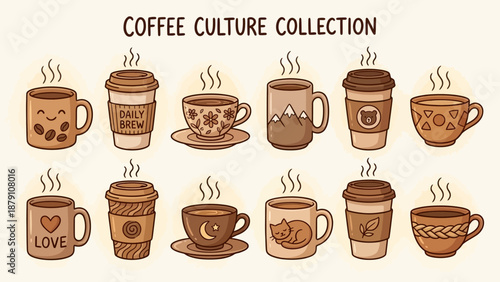 Coffee Culture Vector Icon Set –  Illustrated Cups with Artistic Designs, Steam, and Personality for Lifestyle Branding, Café Menus, and Cozy UI Kits