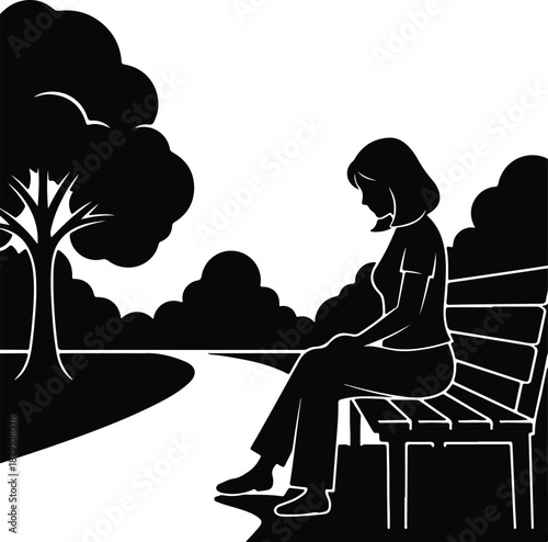 Black and white thoughtful woman sitting alone on a park bench illustration vector