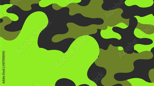 Digital illustration of camouflage pattern featuring abstract shapes in various green hues from a top-down viewpoint