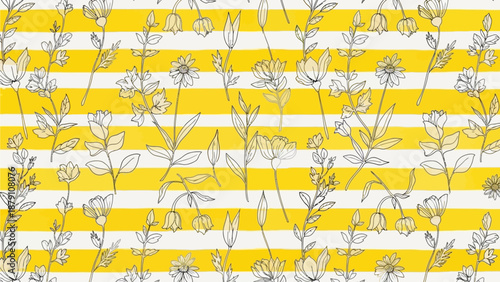 Illustration of flowers and branches on yellow and white striped pattern