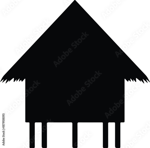 Black and white tropical stilt house icon with a thatched roof illustration vector