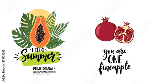 Vibrant Summer Fruits and Leaves Illustration Featuring Pomegranate and Papaya