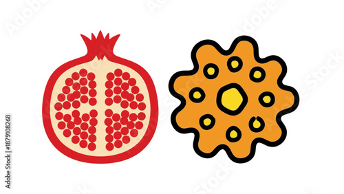 A digital illustration of a pomegranate and a gear, symbolizing industry and fruitfulness in a simple graphic representation