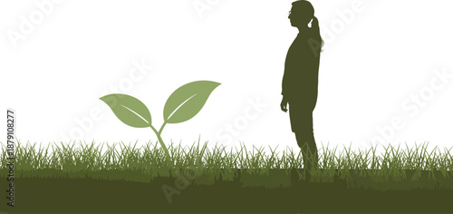 Person silhouette by a sprouting plant leaves