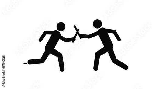 Two stick figures are depicted exchanging an object while running towards each other