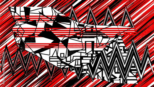 Abstract geometric pattern with sharp triangular shapes in red, black, and white, creating a dynamic and chaotic visual effect