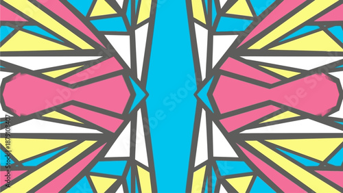 Vibrant abstract illustration featuring geometric shapes in symmetry from a frontal viewpoint