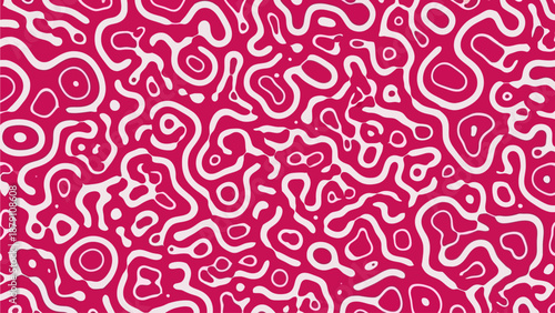 A vibrant abstract illustration featuring intricate patterns and shapes in various sizes on a bright red background from a direct viewpoint