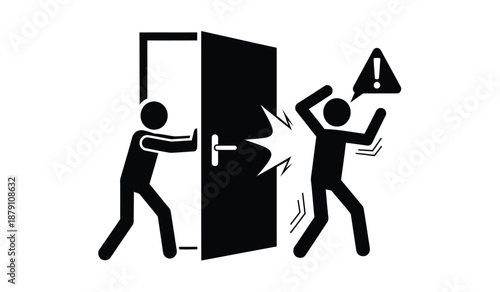 Stick figures struggle with a door and warning sign depicting a potential hazard