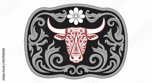 Decorative belt buckle with bull skull and floral accents western style emblem showing heritage culture rodeo fashion branding posters stickers apparel accessories and creative graphic design projects