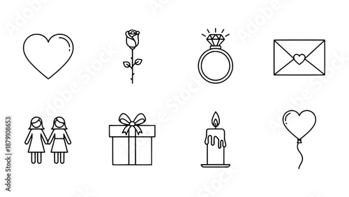 A collection of stylized icons representing love and celebration, including a heart, rose, ring, gift, candle, and a couple