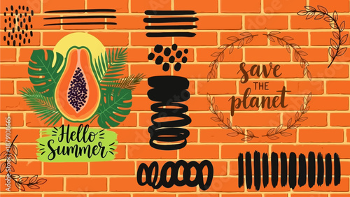Vibrant summer illustration with tropical leaves and papaya against brick wall with decorative elements and save planet message