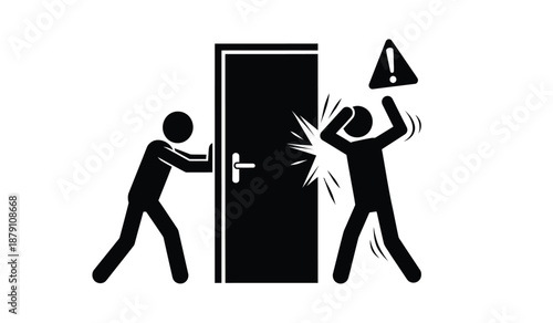 Stick figure illustration depicting a person attempting to open a door while another is shocked