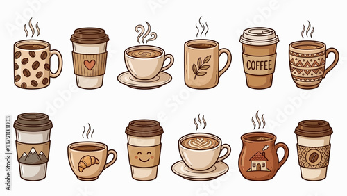Coffee Culture Vector Icon Set –  Illustrated Cups with Artistic Designs, Steam, and Personality for Lifestyle Branding, Café Menus, and Cozy UI Kits