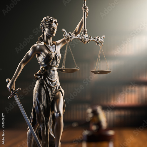 Legal Concept: Themis is the goddess of justice and the judge's gavel hammer as a symbol of law and order on the background of books