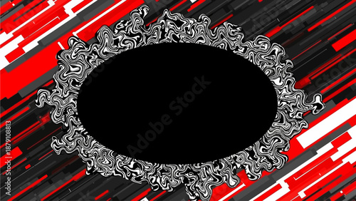 Dynamic oval frame with intricate silver designs on abstract red and black background