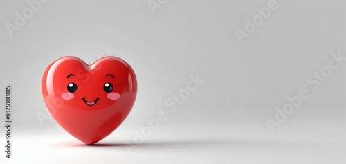 red heart smiling, gazing at camera, with copyspace, on grey, concept of love, health