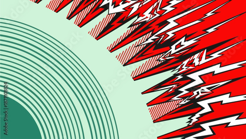 Dynamic abstract illustration of victor concept with red and black patterns, modern graphic design on green background, digital art close-up