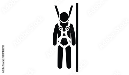 Simple black and white pictogram of a person wearing a harness and helmet