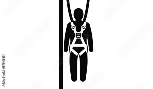 Simple black and white pictogram of a person wearing a safety harness