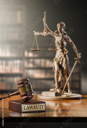 Lawsuit: Judge's Gavel as a symbol of legal system, Themis is the goddess of justice and wooden stand with text word on the background of books