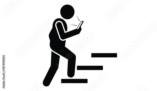 Stick figure walking and using a smartphone while going up stairs