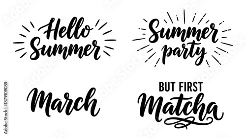 A collection of typographic elements for a vibrant summer greeting, featuring calligraphy and text-based designs for a seasonal celebration