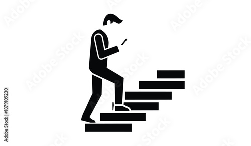 A simple black silhouette of a person walking up a flight of stairs