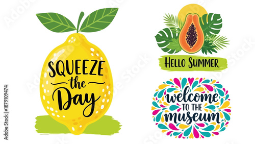 Colorful illustrations of fruits with inspirational quotes, symbolizing joy and welcoming environments