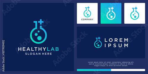 Healty lab logo design with plus and glass tube.