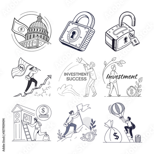 Financial Success Icon Set: A dynamic collection of financial success icons, illustrating key concepts such as investment, security, and growth.
