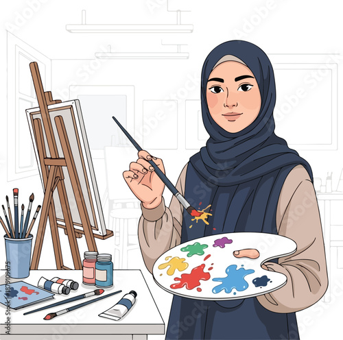 Young woman artist painting in an art studio