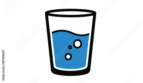 A simple illustration of a glass filled with blue liquid and bubbles