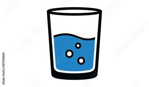 Simple illustration of a glass filled with blue liquid and bubbles