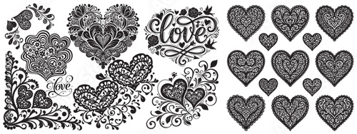 Set of 19 Black and White Ornate Doodle Heart Vector Illustrations