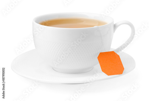 Tea brewing. Cup with tea bag isolated on white © New Africa