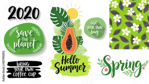 Vibrant Spring Collection Digital Illustrations Featuring Floral Patterns and Tropical Leaves