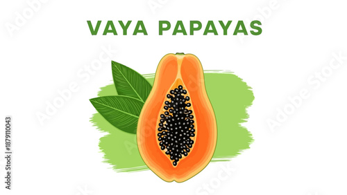Illustration of a vibrant orange papaya cut open revealing black seeds inside with green leaves on white