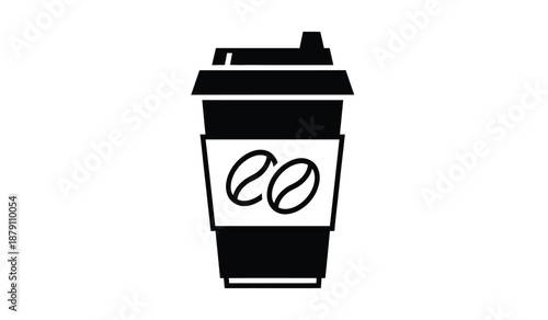 Simple black and white illustration of a disposable coffee cup with a logo