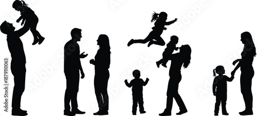 Black silhouettes of happy families with children playing, jumping, and bonding together isolated on white background for lifestyle conceptual design.