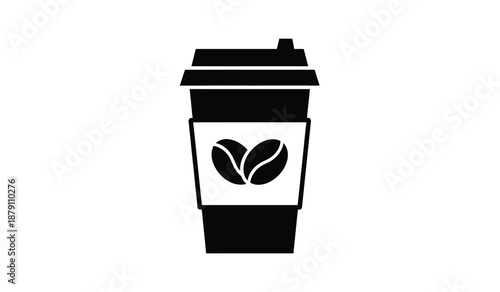 Simple black and white illustration of a coffee cup with a coffee bean logo