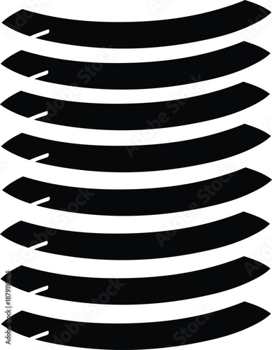 Vector collection of eight black curved arc graphic elements, perfect for vehicle wheel rim customization. Enhance bike, motorcycle, or automotive styling