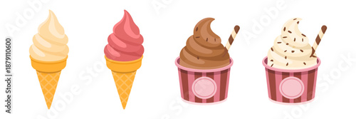 Set of delicious ice creams in cones and cups, featuring creamy flavors, toppings, and colorful designs for posters, branding, social media, menus, packaging, and creative graphic projects