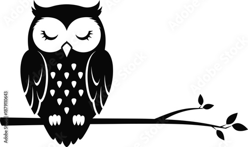 Cute black and white silhouette of a sleepy owl with closed eyes perched on a leafy tree branch, vector illustration.