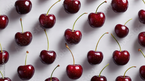 Aerial view of dark red cherries with stems on a white surface, creating a pattern with shadows and highlights