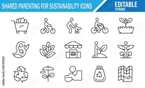 Green parenting, ecology, and family activity vector outline symbols.