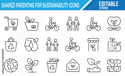 Sustainable living and shared responsibility line art icon collection.