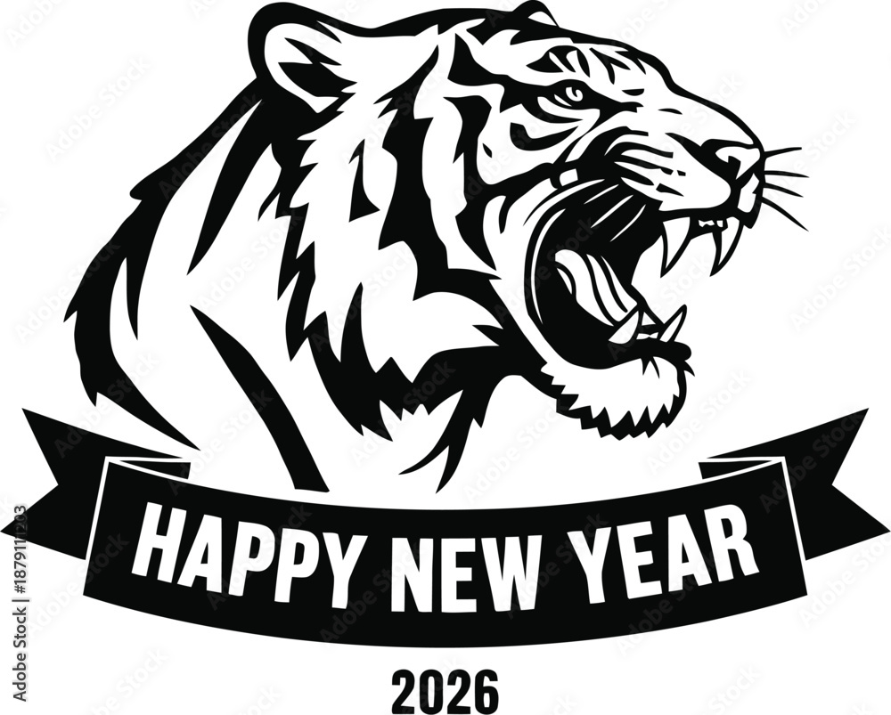 Fototapeta premium Roaring tiger head with Happy New Year 2026 ribbon banner vector in black and white for festive celebration design